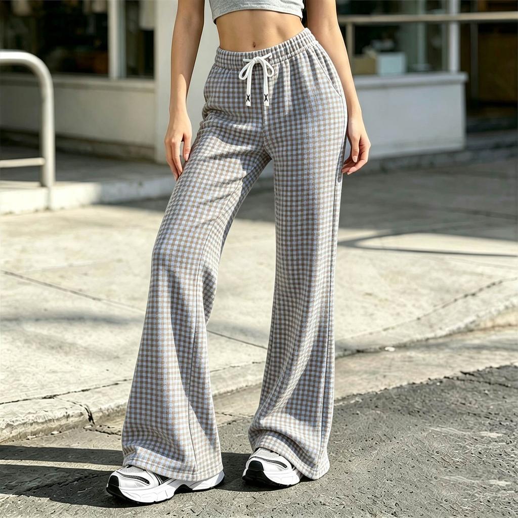 Women's Plaid Flare Pants with Waist for Casual and Home Wear