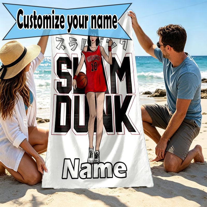 Custom Name Personalized SLAM DUNK Print Beach Towel, for Trip Camping Beach Party Home Decor, Birthday Gift for Family & Friends
