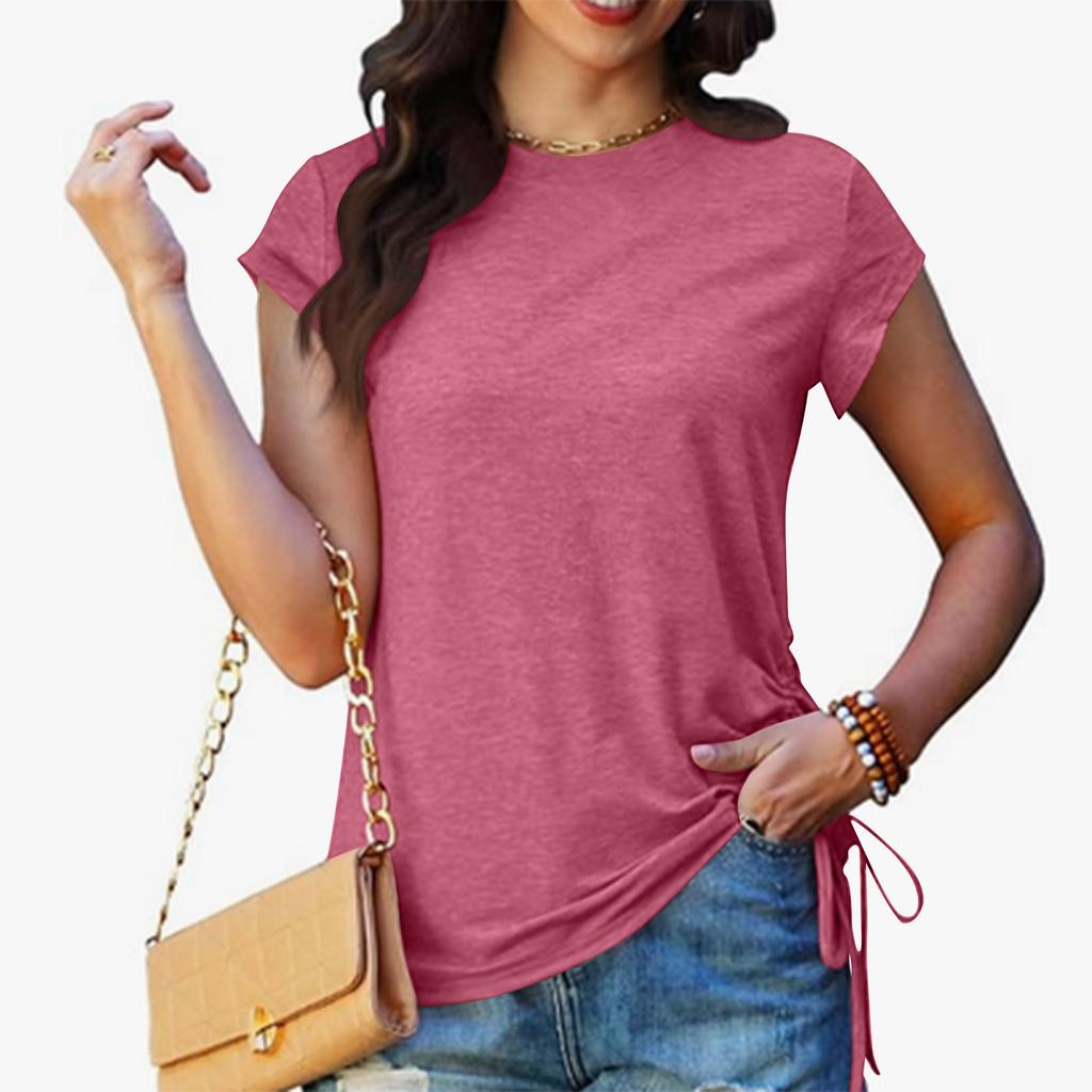 Womens Spring Tops Ruched Side Casual T Shirts for Women Short Sleeve Summer Shirts for Women Basic Crew Neck
