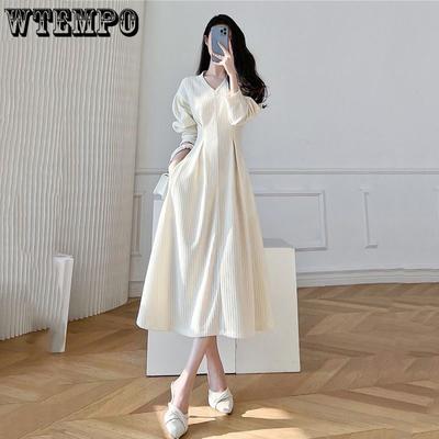 White V-neck Hepburn Style French Dresses Women Spring and Autumn Waist Thin Retro Temperament Long Dress