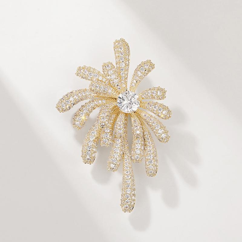 Bo Xin Yun Sparkling Zirconia Firework Brooch with Freshwater Pearl - Elegant Suit Jacket Pin
