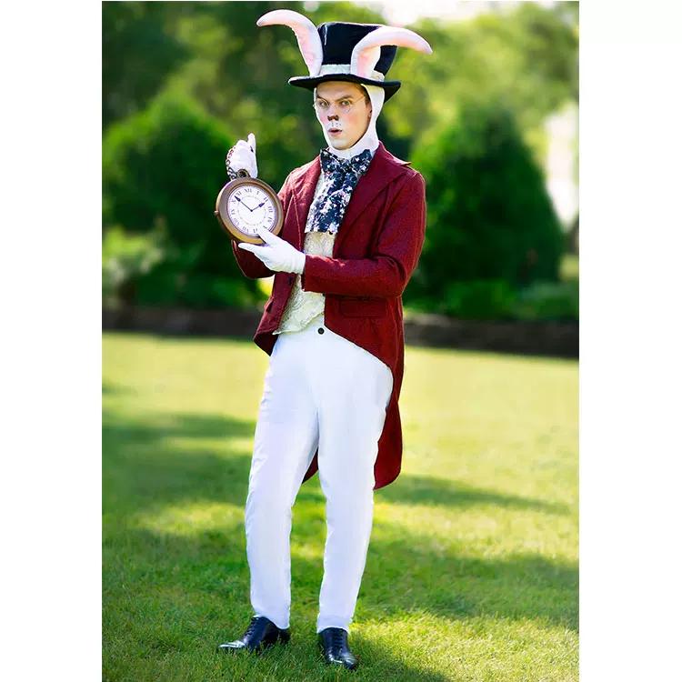 Kostium Cosplay Białego Królika z Alicji w Krainie Czarów, Strój na Scenę Role Play dla Dorosłych Mężczyzn Królik Zegarowy
