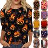 Women Casual Three Quarter Sleeve Crew Neck Top Halloween Print Loose Fit Pullover Shirt Lightweight