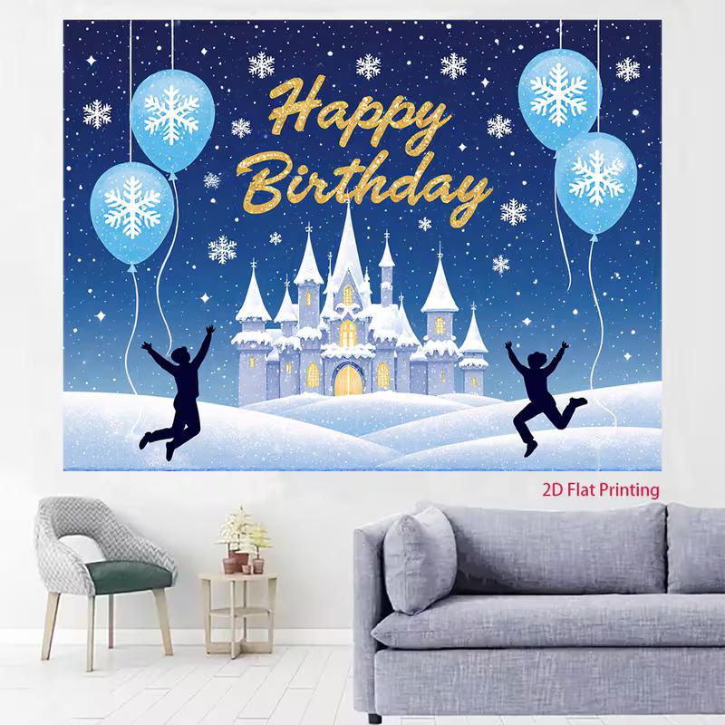 2D Winter Wonderland Birthday Backdrop, Frozen Castle with Snowflakes Background