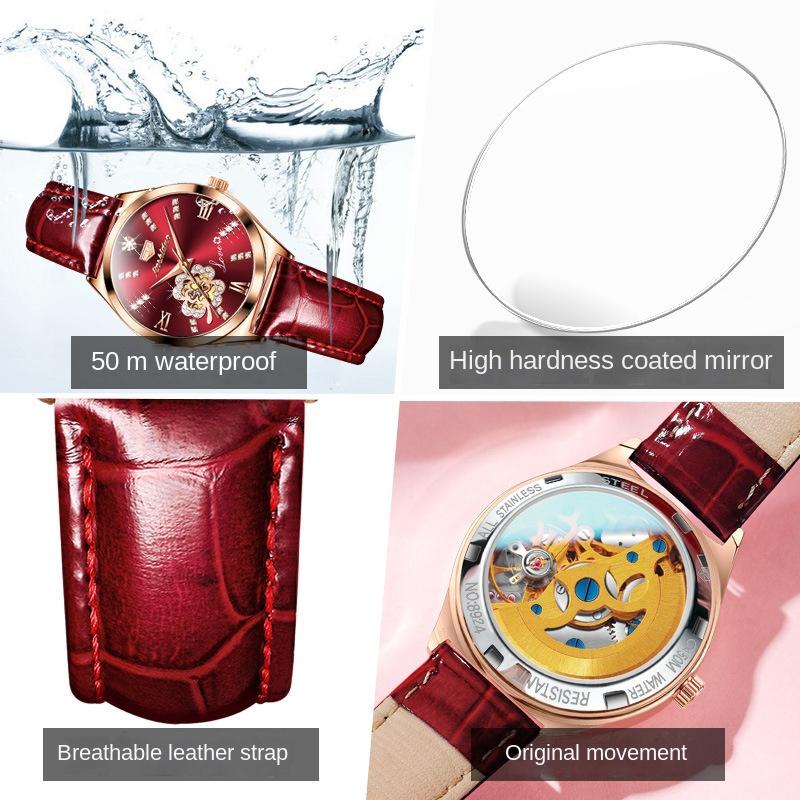 JINSHIDUN Brand Fashion Hollow Inlaid Diamond Four-leaf Clover Mechanical Watch Waterproof Women's Watch