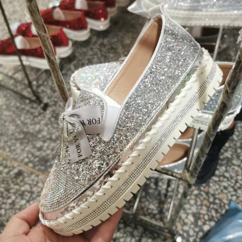New Luxury Vulcanized Shoes Crystals Bowknot Sequined Platform Shoes for Women Loafers Couple Woman Fashion Shoes Plus Size 44