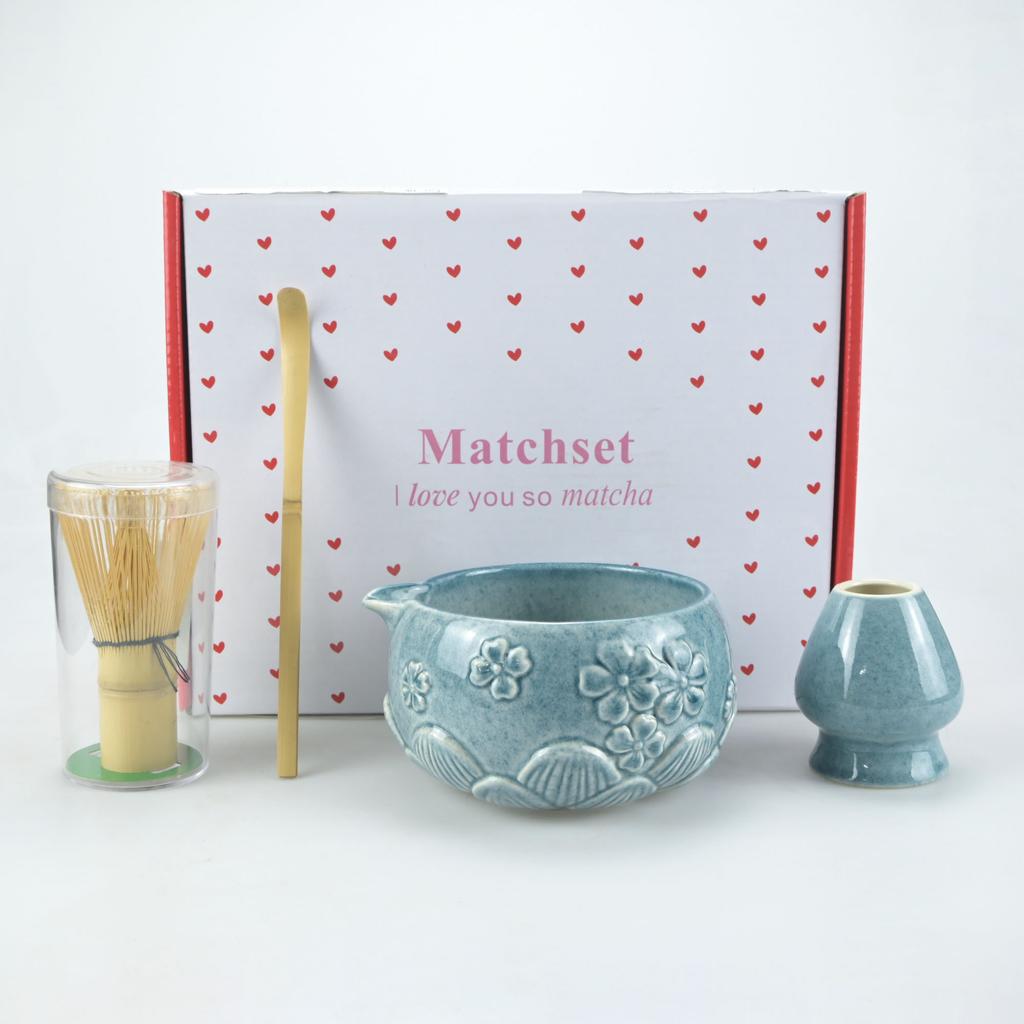 4pcs Matcha Set, Matcha Beginner Set including Ceramic Matcha Bowl, Matcha Blender, Matcha Sieve, Matcha Spoon, Song Dynasty Tea