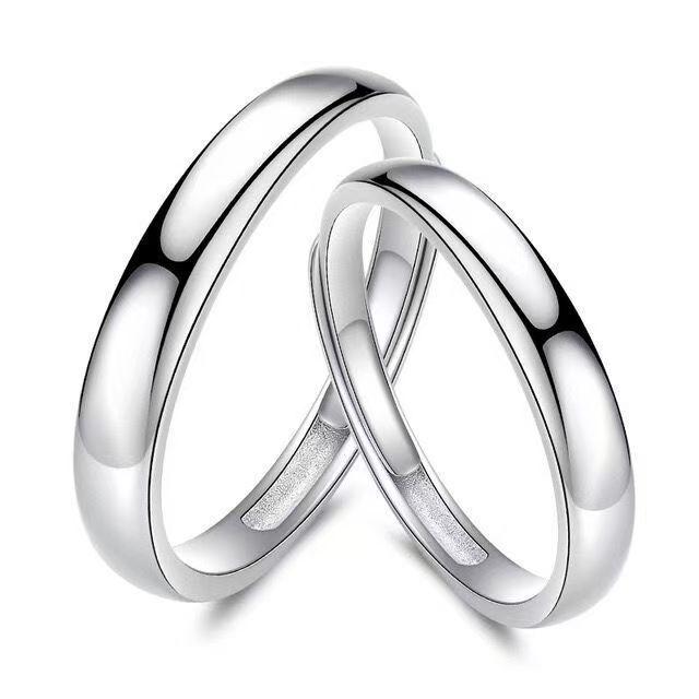 S999 Sterling Silver Couple Rings, Unisex Pair with Polished Plain Band, Unique Design, Light Luxury Pure Silver.