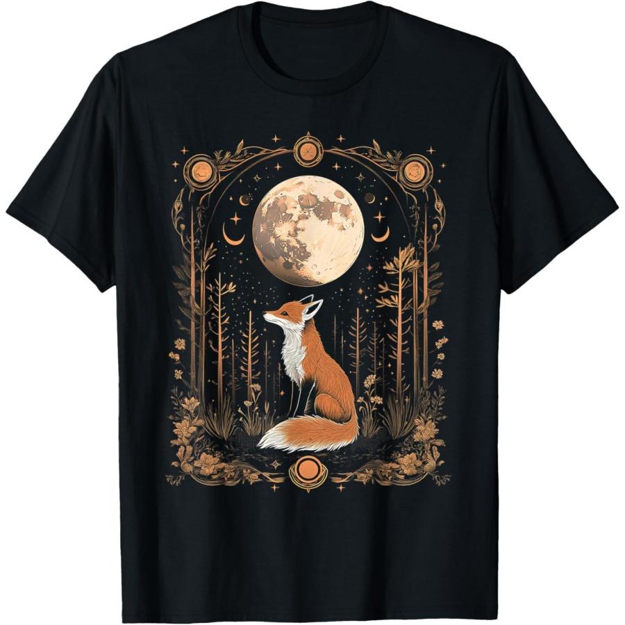 mystic moon and moonphase fox mystical flowers aesthetic T-Shirt S