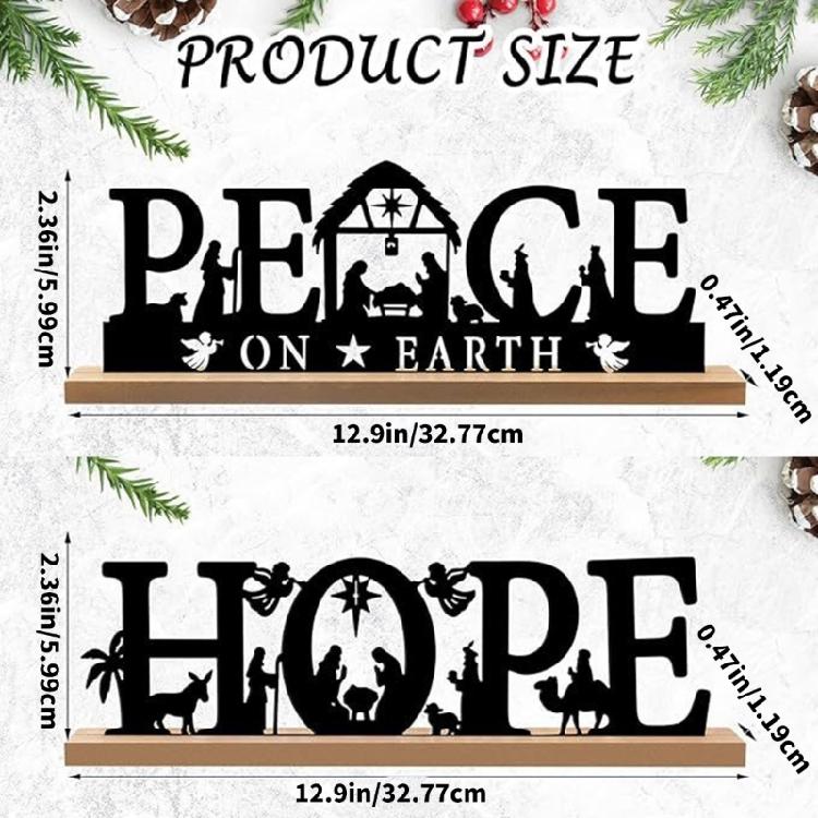 Classical Black Metal Nativity Scene Figurine Sculpture Christmas Tabletop Decoration Iron Sign with Wood Base Ornament