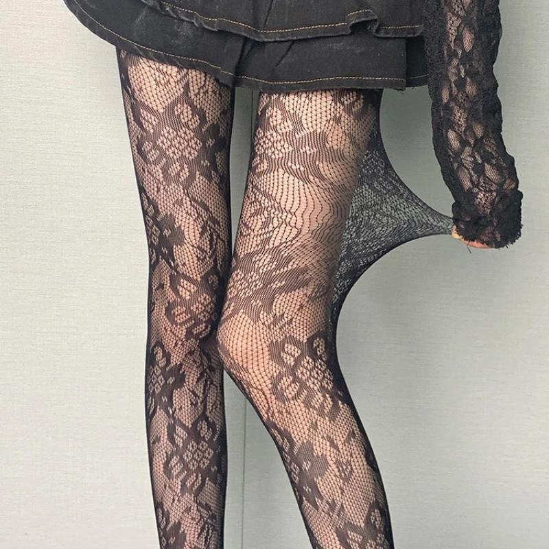 Damen Florale Spitze Strumpfhosen Sommer Netz Sexy Ausgeschnitten Dünn Und Atmungsaktiv Retro Punk Y2K Strumpfhosen Individuelle Fishnet Strümpfe