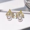 New High End Pearl Zircon Leaf Earrings For Women'S Daily Wear, Fashionable, Elegant, Light Luxury Jewelry Accessories