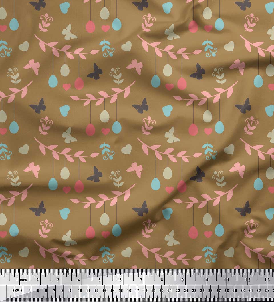 

Тканина Soimoi Blue Japan Crepe Satin Метелик, серце та яйце, пасхальний принт, метр 42 дюйма 42 Inch Wide - Poly Crepe коричневий