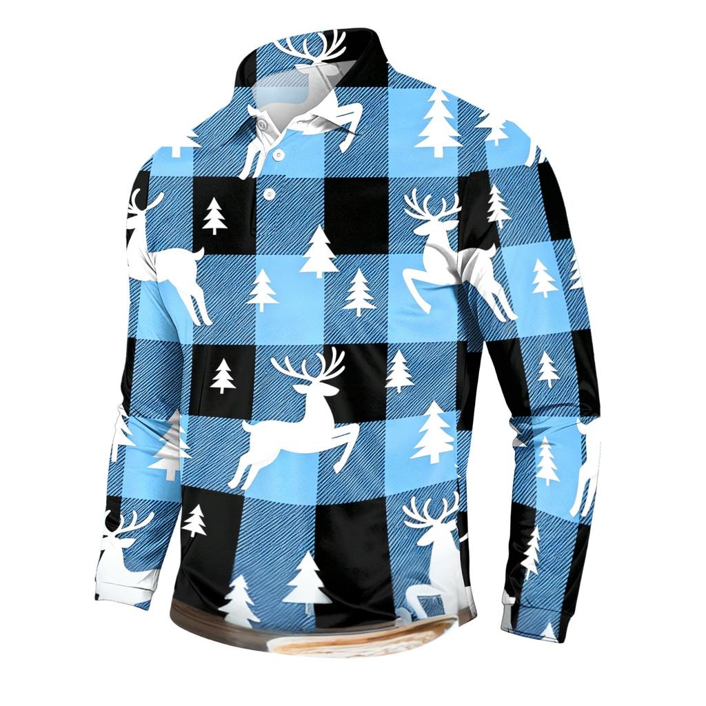 Men's Casual Long Sleeve Round Neck T-Shirt with Christmas Print for Holiday Party