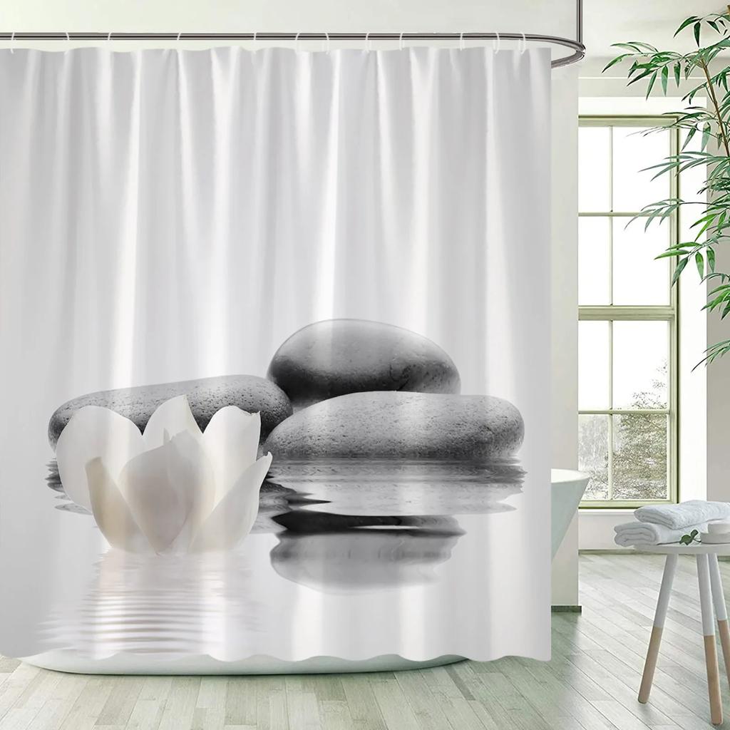Green Bamboo Zen Shower Curtains Set, Spa Stones and Orchids Flowers Polyester Fabric Bath Curtain with Hooks Bathroom Decor