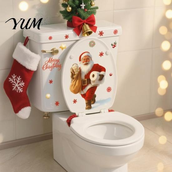 Holiday Toilet Seat Decorations Funny Christmas Santa Decal, Waterproof PVC Bathroom Lid Decoration Stickers Winter Decals for Home Decor, Removable