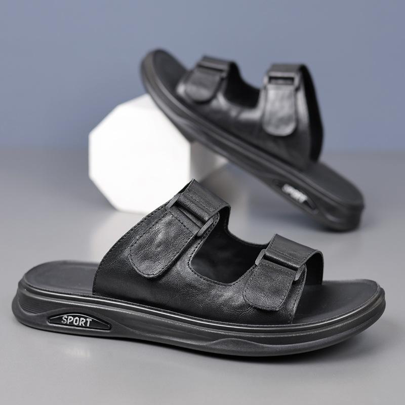 

Summer first layer cowhide men s leather slippers genuine leather sandals outdoor sandals wear-resistant breathable one-word drag men s shoes trade 38