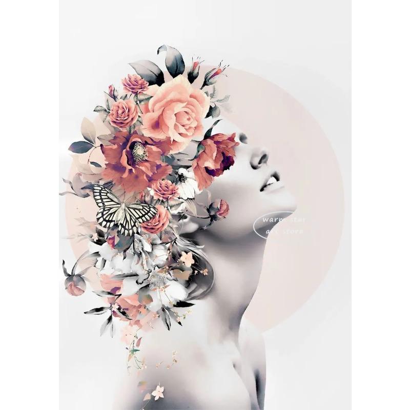 Fashion Women Head Flower Wall Art Poster Butterfly Bird Art Prints Sexy Girls Canvas Painting Modern Pictures Room Home Decor