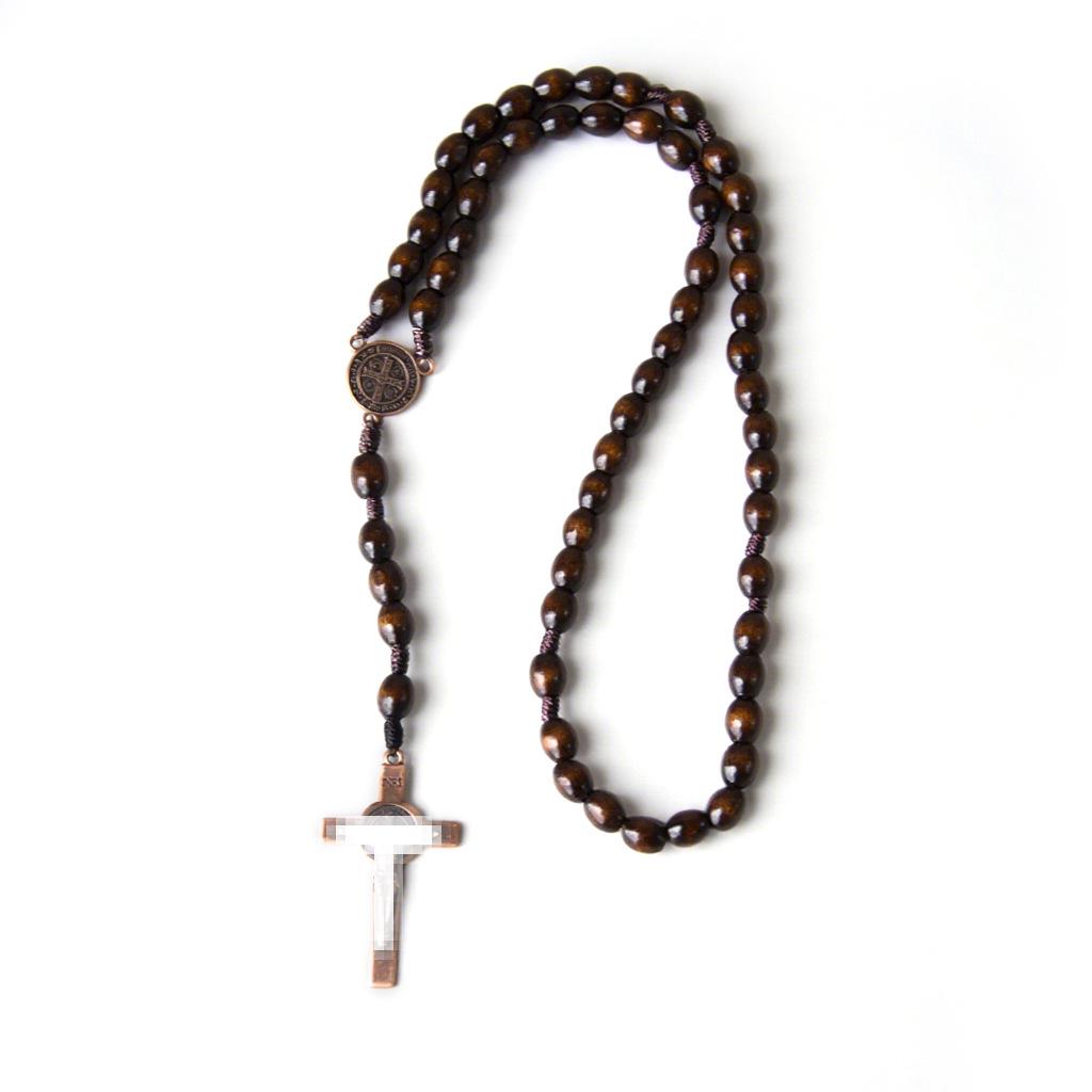 In Stock: Natural Wood Bead Cross Rosary Necklace - Hand-Woven Prayer Jewelry