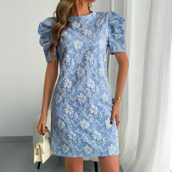 Women's Textured Jacquard Dress Crewneck Short Puff Sleeve A-line Dress Summer Floral Mini Dresses