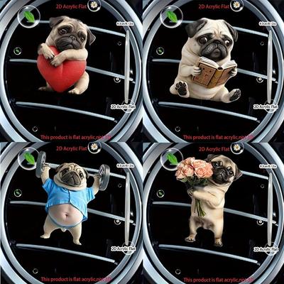 Adorable Pug Acrylic Car Air Vent Fragrance Diffuser 2D Cute Weightlifting Dog Car Air Outlet Aromatherapy Clip Air Freshener