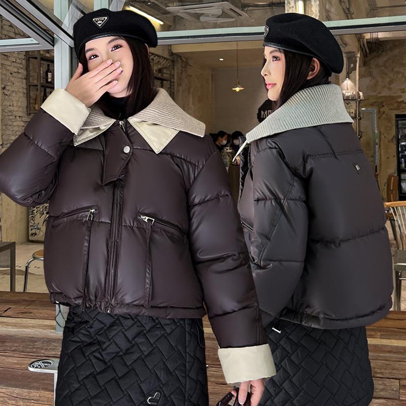 Knitted Lapel Short Down Cotton-padded Jacket for Women's Winter Thickened Leather Splicing Cotton-padded Jacket