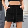 Elastic-waist Drawstring Casual High-waisted Furred Denim Shorts