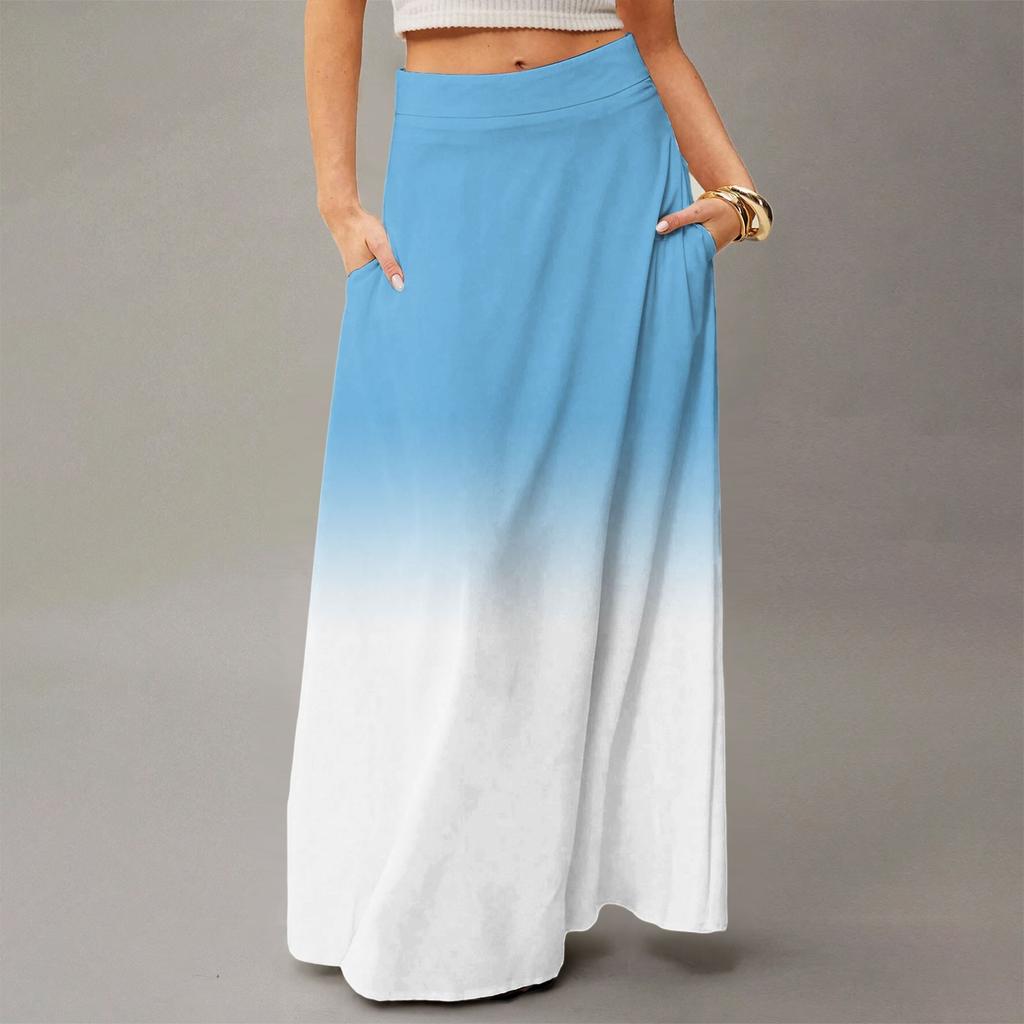 Women's Casual Leisure Foldable Gradient Print High Waist With Pocket Draped  Relaxed Long Maxi Skirt