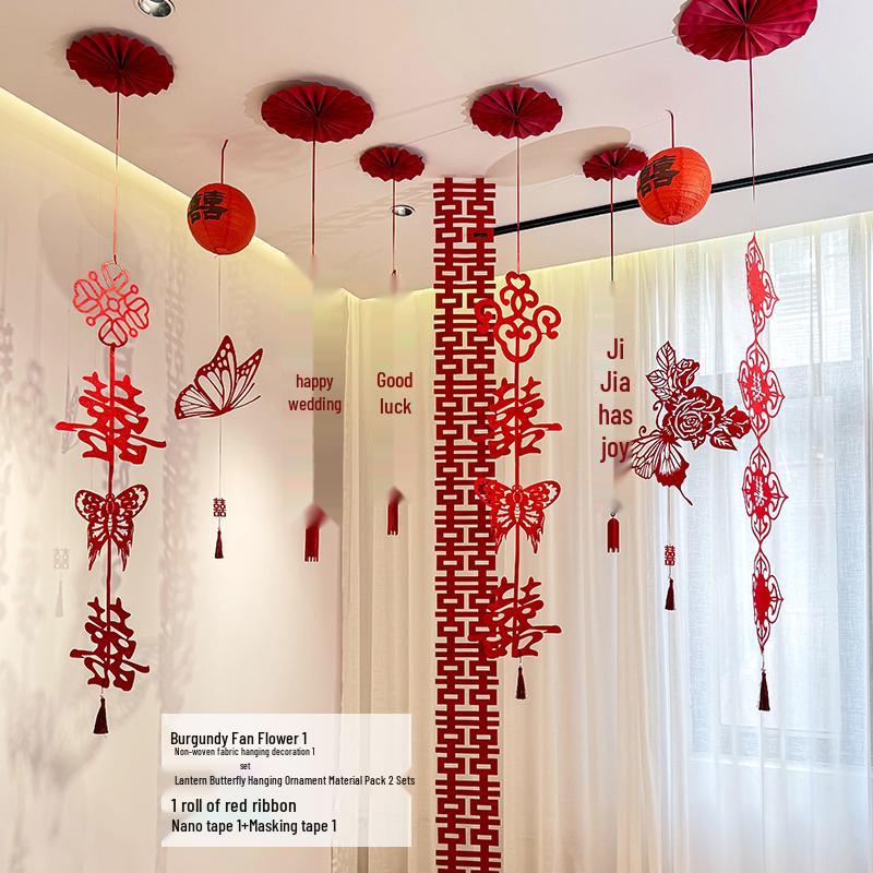 Double Happiness Wedding Room Decor Set: Non-Woven Fabric Papercut for Bride and Groom's Bedroom or Hotel.