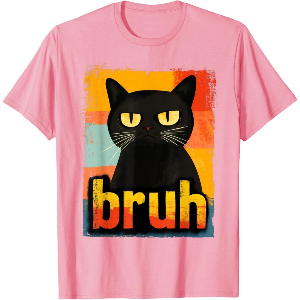 Bruh Grumpy Black Cat Meme Graphic TShirt Funny Retro Style Tee for Unisex Women