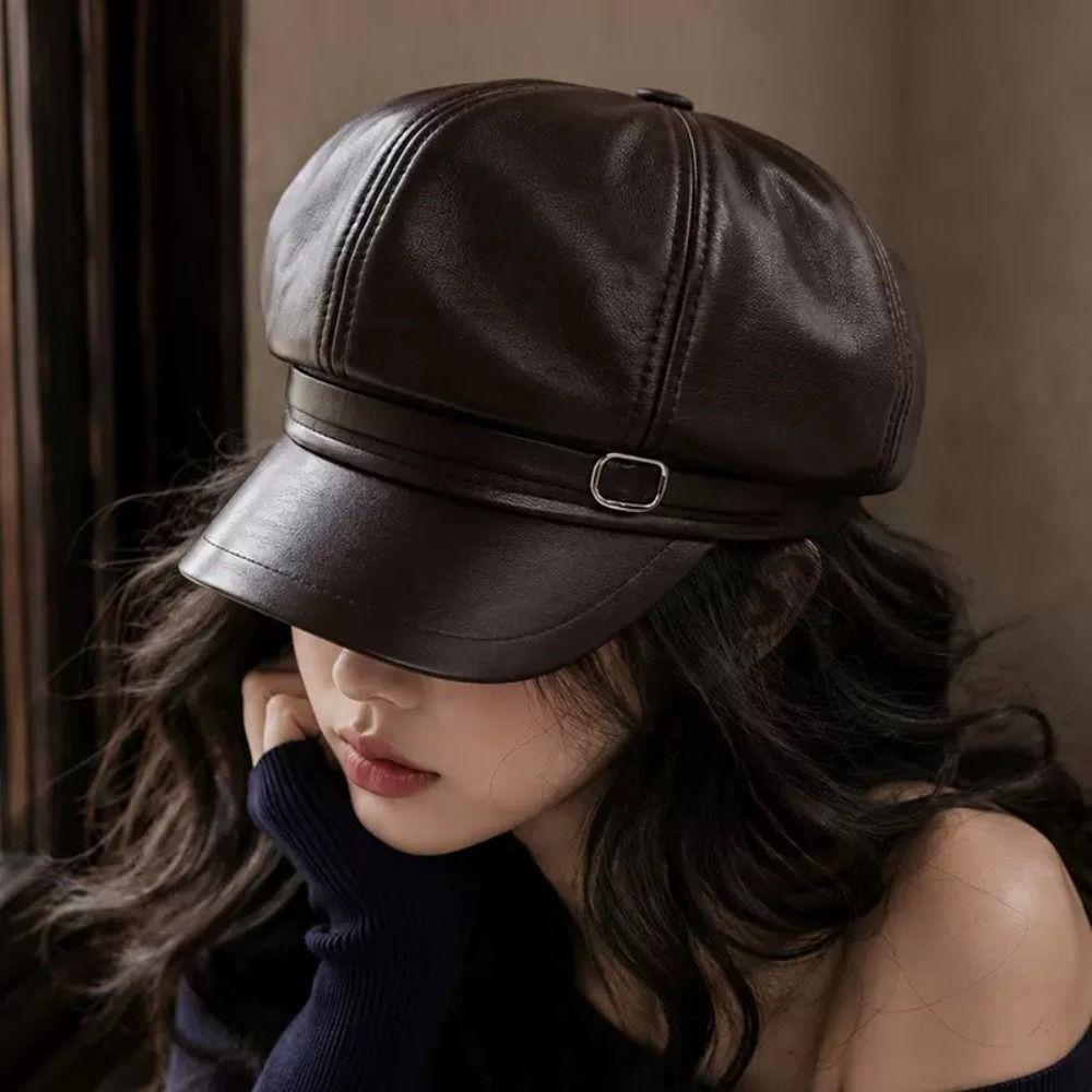 Solid Color Leather Painter Hat Versatile Octagonal hat Casual PU Beret Cap  Autumn Winter
