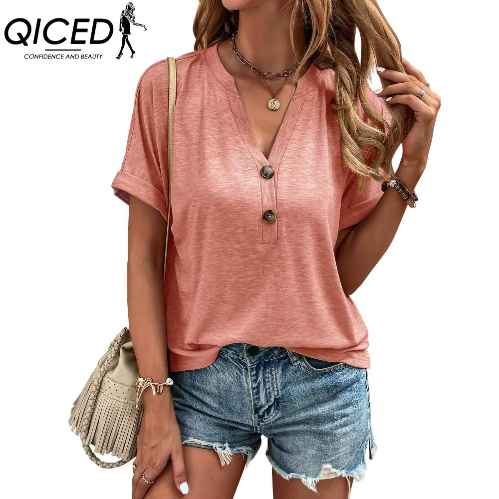 QICED Women's Fashion Casual Solid Color Print Short Sleeve V Neck Blouses & Shirts