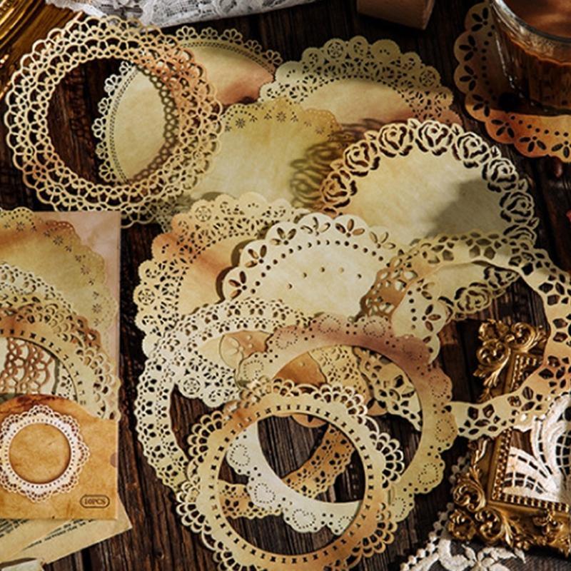10 Sheets Yellow Dyed Hollow Lace Material Papers Junk Journal Planner Scrapbooking Sticker Decorative DIY Craft Paper