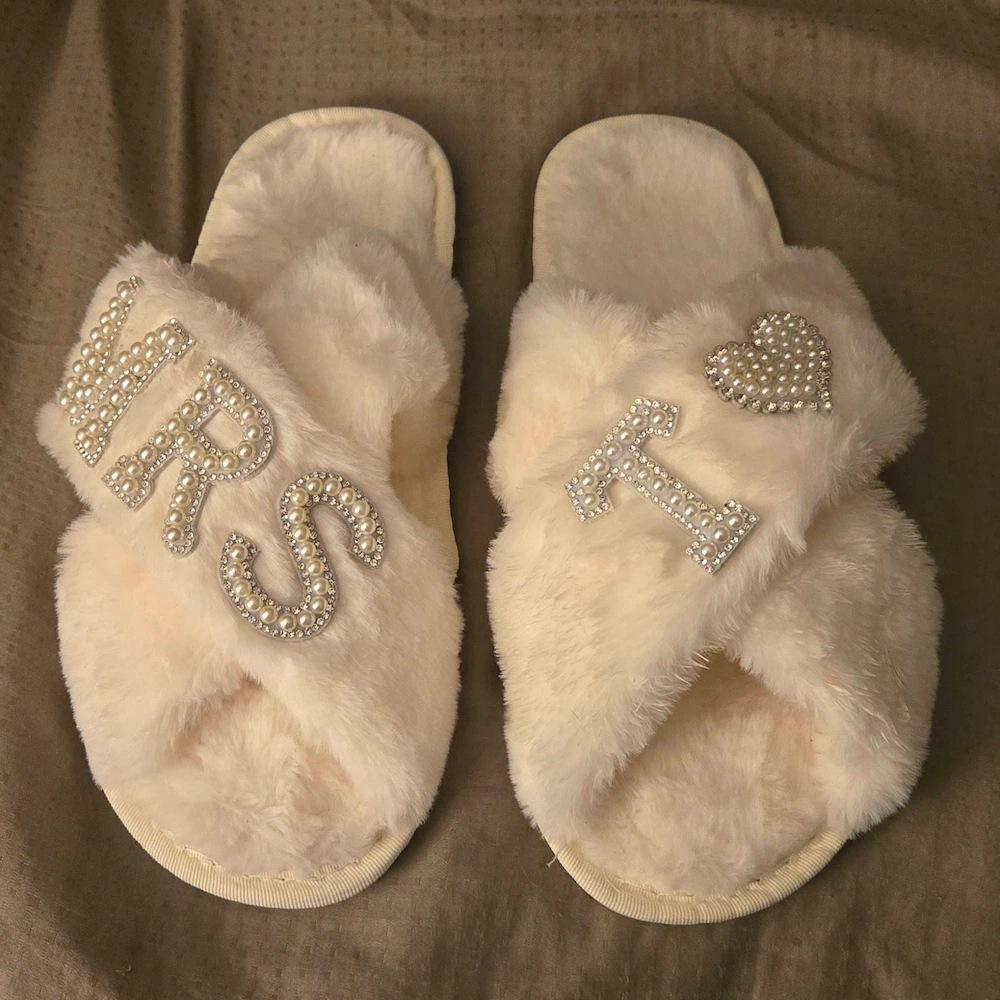 Pearl Letter MRS Plush Cross-Band Slippers for Bridesmaids