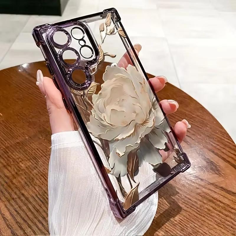 Elegant Golden Lotus Flower Plating Phone Case for Samsung S25 S24 S23 S22 S21 S20 Note20 FE Ultra Plus 5G Airbag Cover