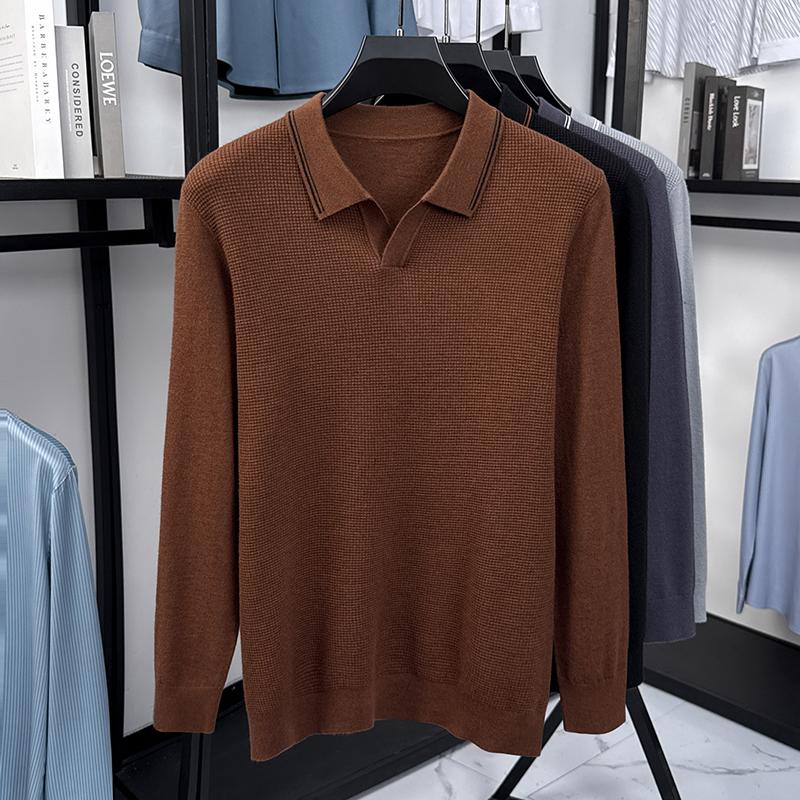 Men's Lapel Small V-Neck Long Sleeve Knitwear Autumn Winter Solid Color Waffle Sweater Casual Trend Menswear