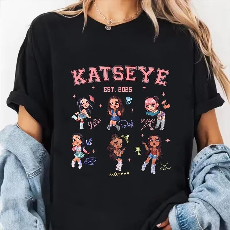 Womens Katseye Print Casual T Shirt Gothic Y2k Tshirt Women Korean Style Graphic Tee Tops Crew Neck Short Sleeve Tshirt Clothes