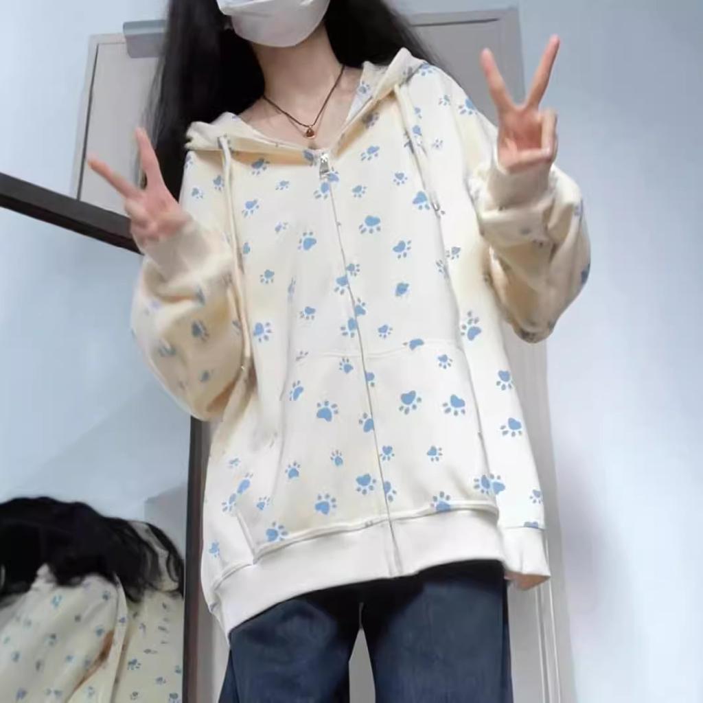 Hanorac cu fermoar și glugă plus catifea pentru femei, toamnă nou, cu imprimeu labă de câine, larg, lejer, jachetă cardigan cu fermoar