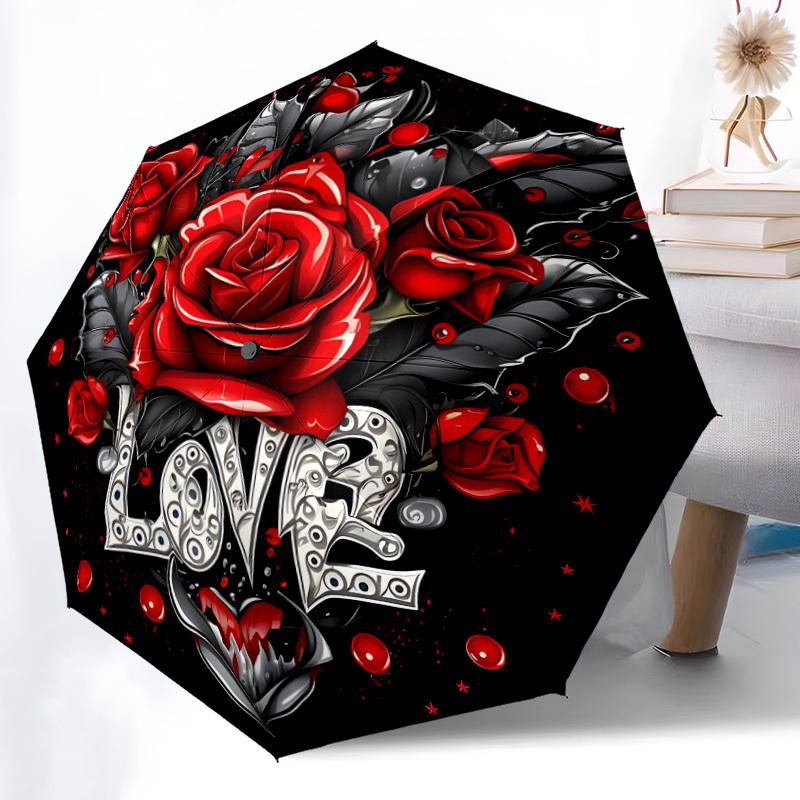 1pc Rose Love Print Automatic Folding Umbrella, 8-Rib Iron Frame, Casual Outdoor Accessory for Birthday Festival Gifts yy251128174