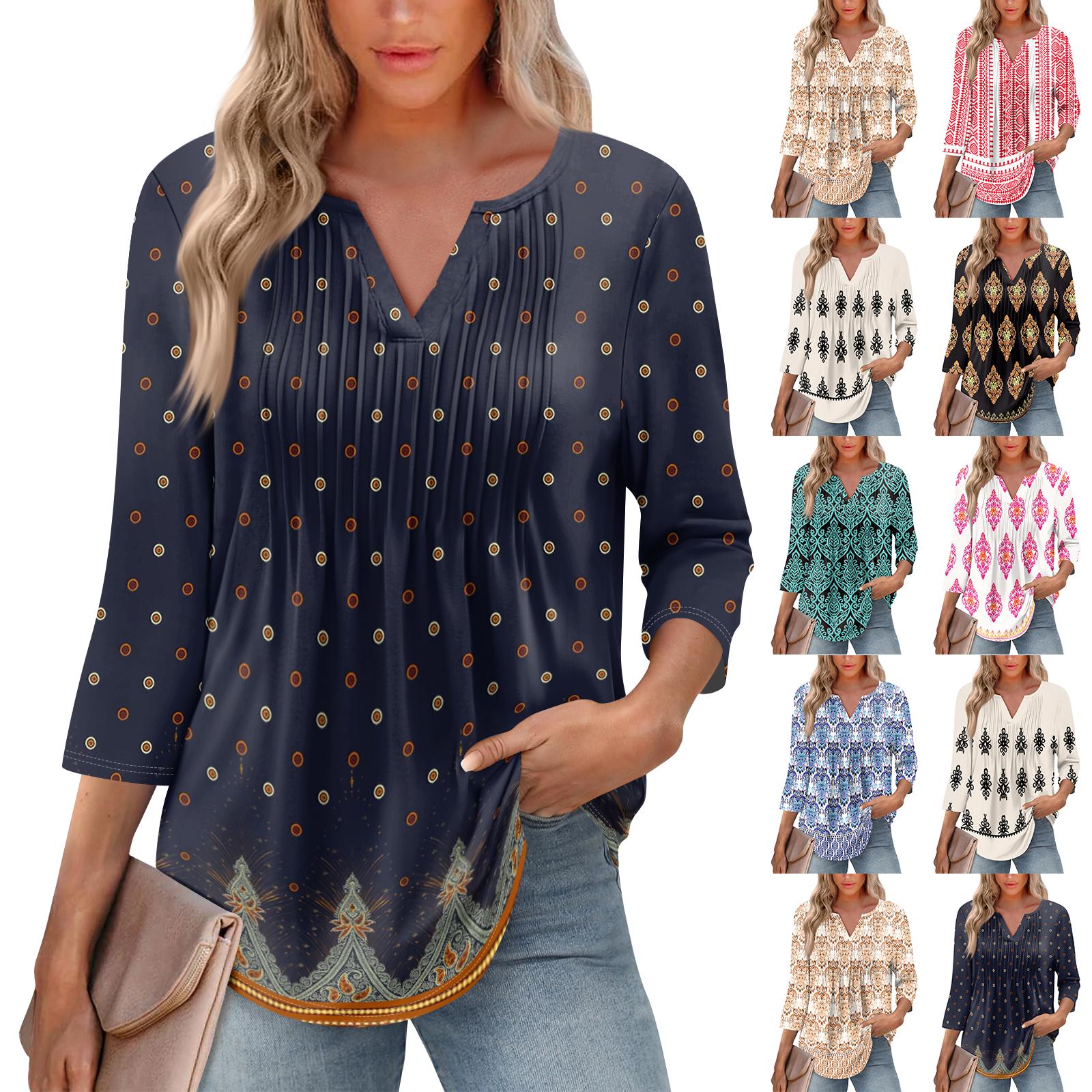 

Жіноча модна повсякденна плісирована однотонна футболка з V-подібним вирізом і рукавами сім чвертей M Темно-синій