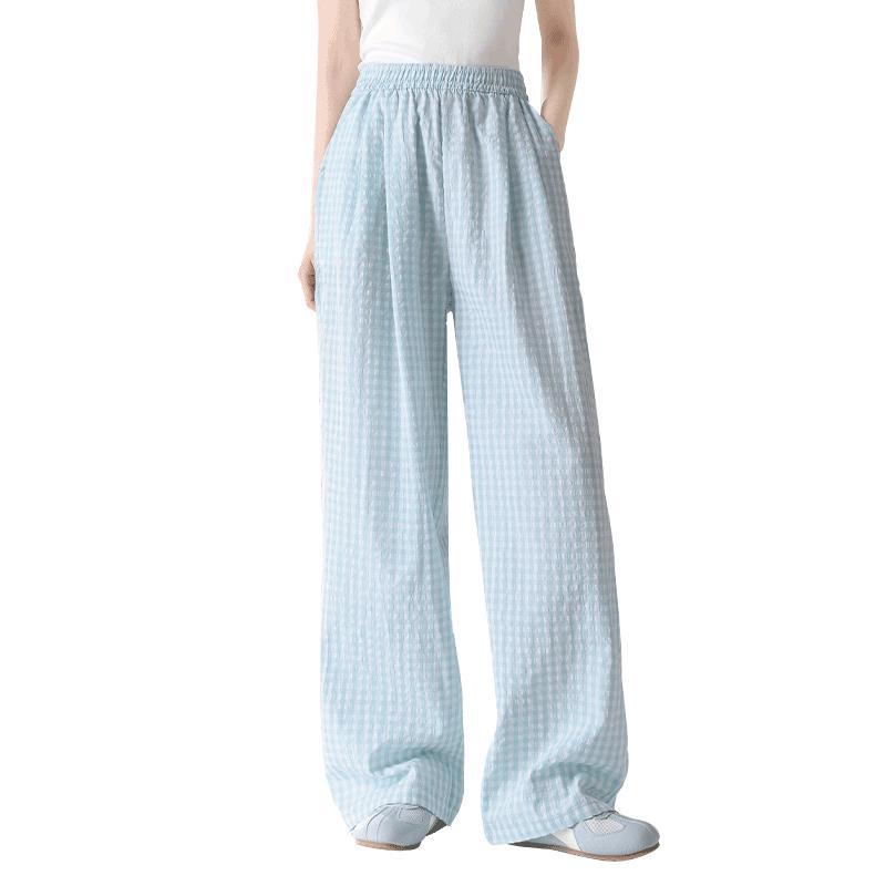 

UNIFREE Women s Blue Plaid Wide-Leg Casual Pants L