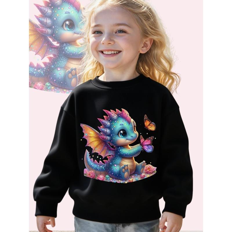 European sizes Kids' Magical Dragon & Butterflies Fantasy Sweatshirt - Toddler Kids' Soft Loose-Fit Pullover with Cute Dragon & Wings Print