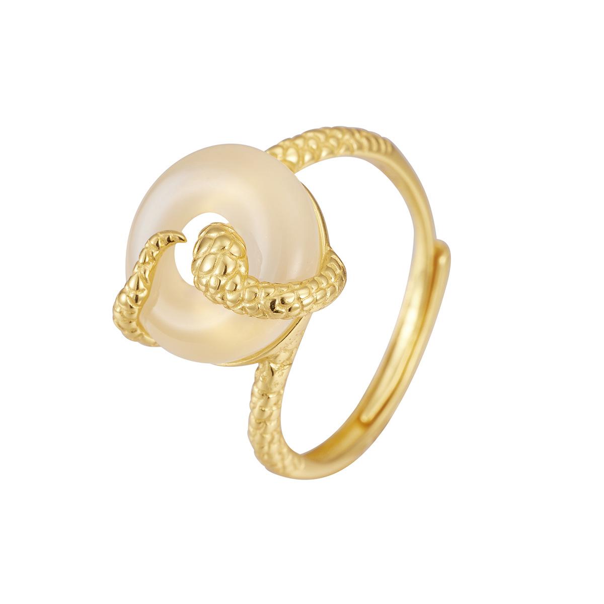 

Кольцо S925 из стерлингового серебра, золота и нефрита Spirit Snake, кольцо с изображением женщины в год змеи, нового знака зодиака, кольцо с натуральным халцедоном Opening adjustable золотой