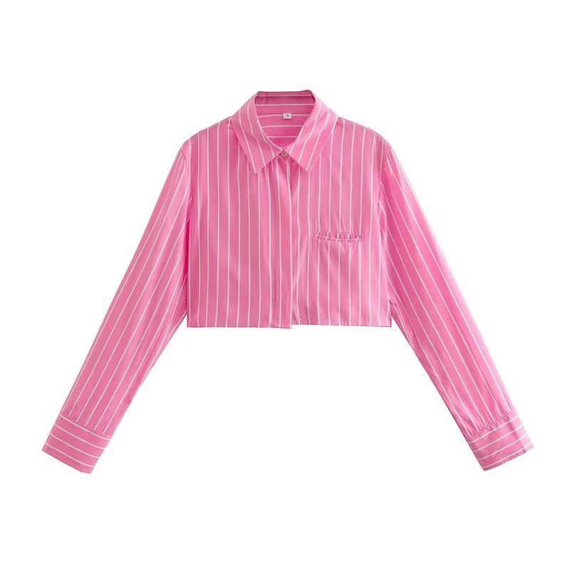Kaslead Lapel Long Sleeves Striped Short Style Poplin
