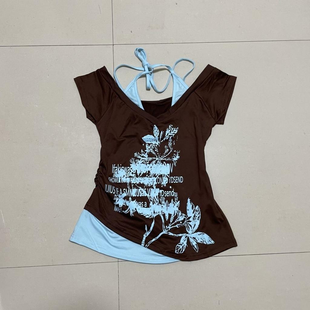 Yazlık Sahte İki Parça Halter Bandaj Vintage Tişörtler Y2k Estetik Slim Crop Toplar Kadın Grunge Baskılı Harajuku Günlük Seksi Tişörtler