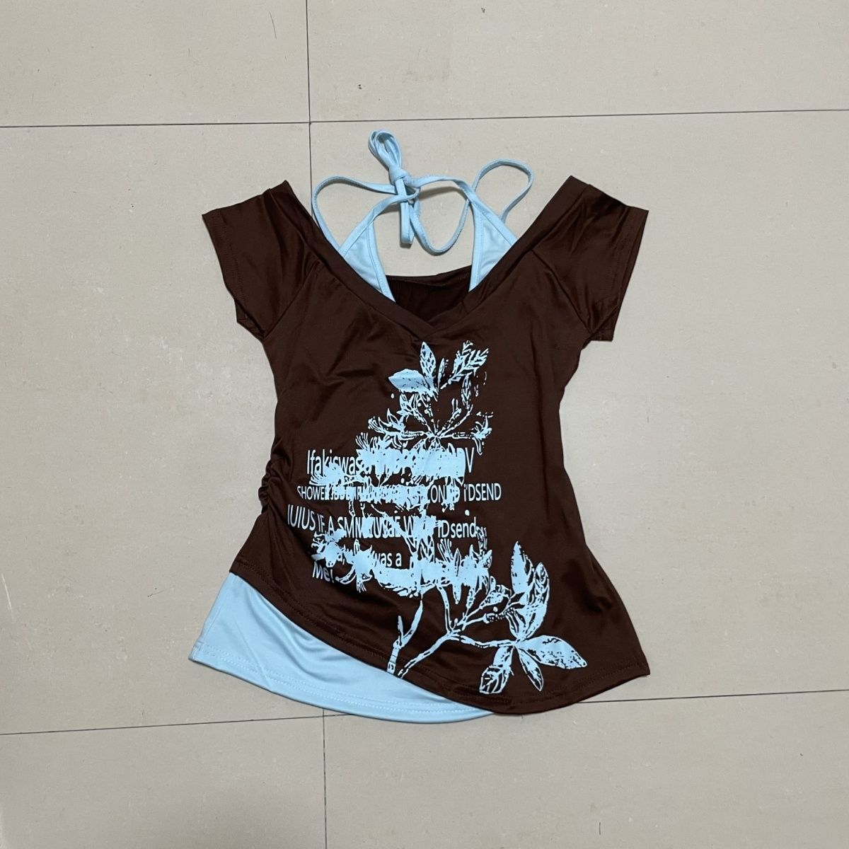 

Летние поддельные две части халтер бандаж винтажные футболки Y2k эстетика тонкий укороченный топ женский гранж принт Harajuku повседневные сексуальные футболки S синий