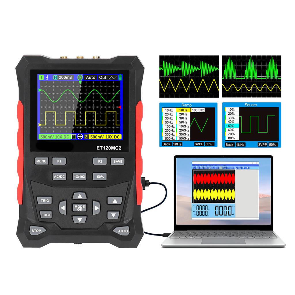 Handheld Oscilloscope 2 Channels 120MHz Bandwidth 500MSa/S Sampling Rate 2.4in TFT Screen Oscilloscope with 1‑10X Probe