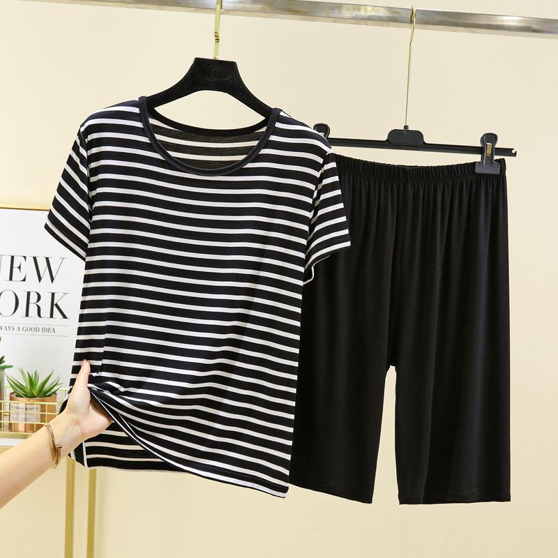 

Modal Stripes Thin Loose Short Sleeve Casual Pajamas Black XL (recommended 60.00 kg-70.00 kg