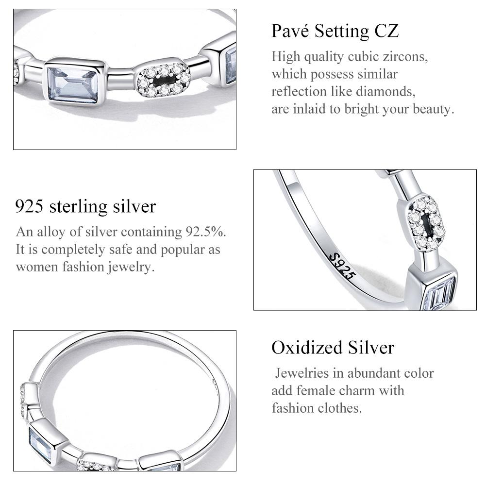 Bamoer 925 Sterling Silver čtvercový prsten s kubickými zirkony pro Womwen Jemné šperky Móda Geometrický prsten Promise Zásnubní dárek