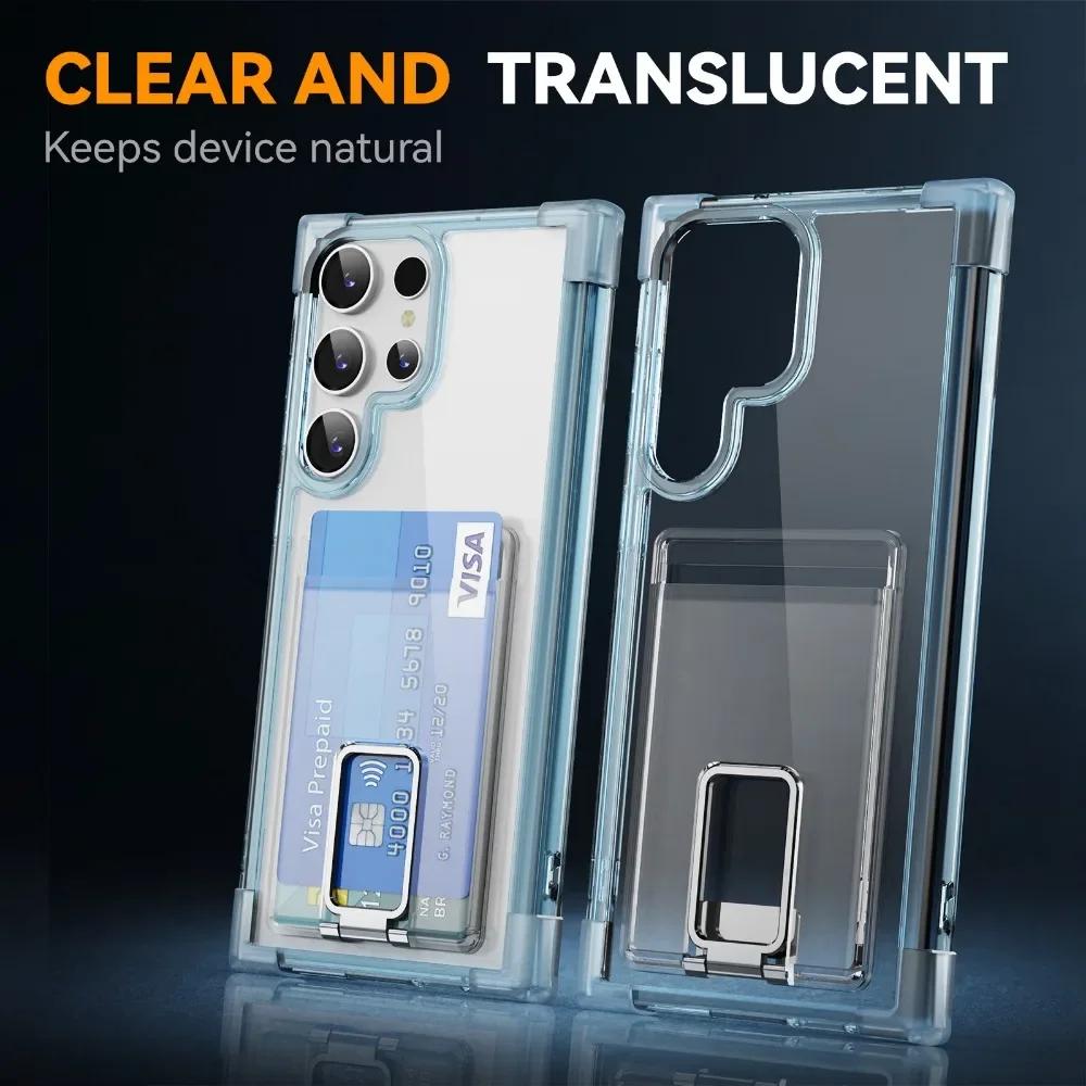 Shockproof Acrylic Card Holder Clear Phone Case for Samsung  S24 Ultra S23 Plus S22 S21Ultra Note 20 Metal Kicstand Bumper Cover